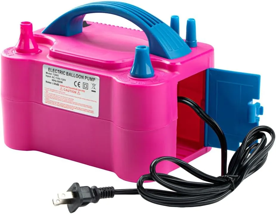 Restaurantware Balloonify 600W Electric Air Pump 1 Portable Balloon Inflator - Dual Modes Two Nozzle Sizes Pink & Blue Plastic Air Pump For Balloons 110V powerchord Double Inflation Design