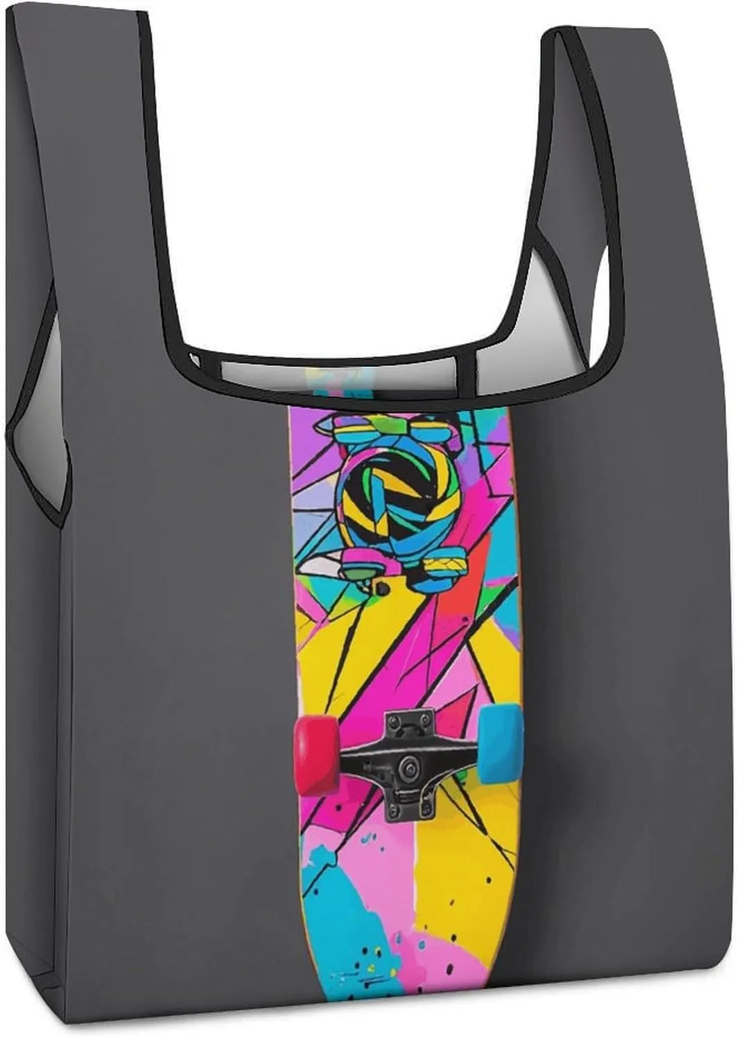 Reusable Grocery Bags Colorful Skateboarding Print Foldable Polyester Shopping Bag Washable Beach Tote Bags with Attached Pouch