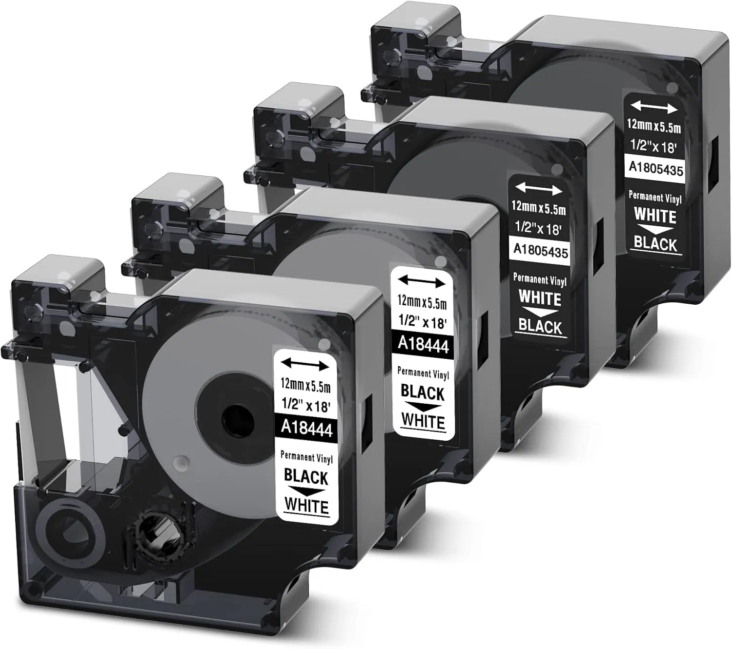 Rhino 4200 5000 5200 6000 3000 Label Tape Replacement for Dymo 18444 1805435 Permanent Vinyl Rhino Work with Industrial Label Maker Tape S0718600 Rhinopro Refills, 1/2"X18', 12mm x 5.5m, 4 Cartridges