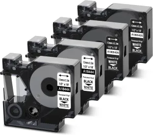 Rhino 4200 5000 5200 6000 3000 Label Tape Replacement for Dymo 18444 1805435 Permanent Vinyl Rhino Work with Industrial Label Maker Tape S0718600 Rhinopro Refills, 1/2"X18', 12mm x 5.5m, 4 Cartridges