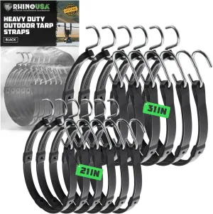 Rhino USA Rubber Bungee Cords Heavy Duty Outdoor with Adjustable Hooks (12-Pack) Assorted Weatherproof Straps with S Hooks for Tarps, Cargo, Motorcycle, Truck and More (185lbs Load Capacity)