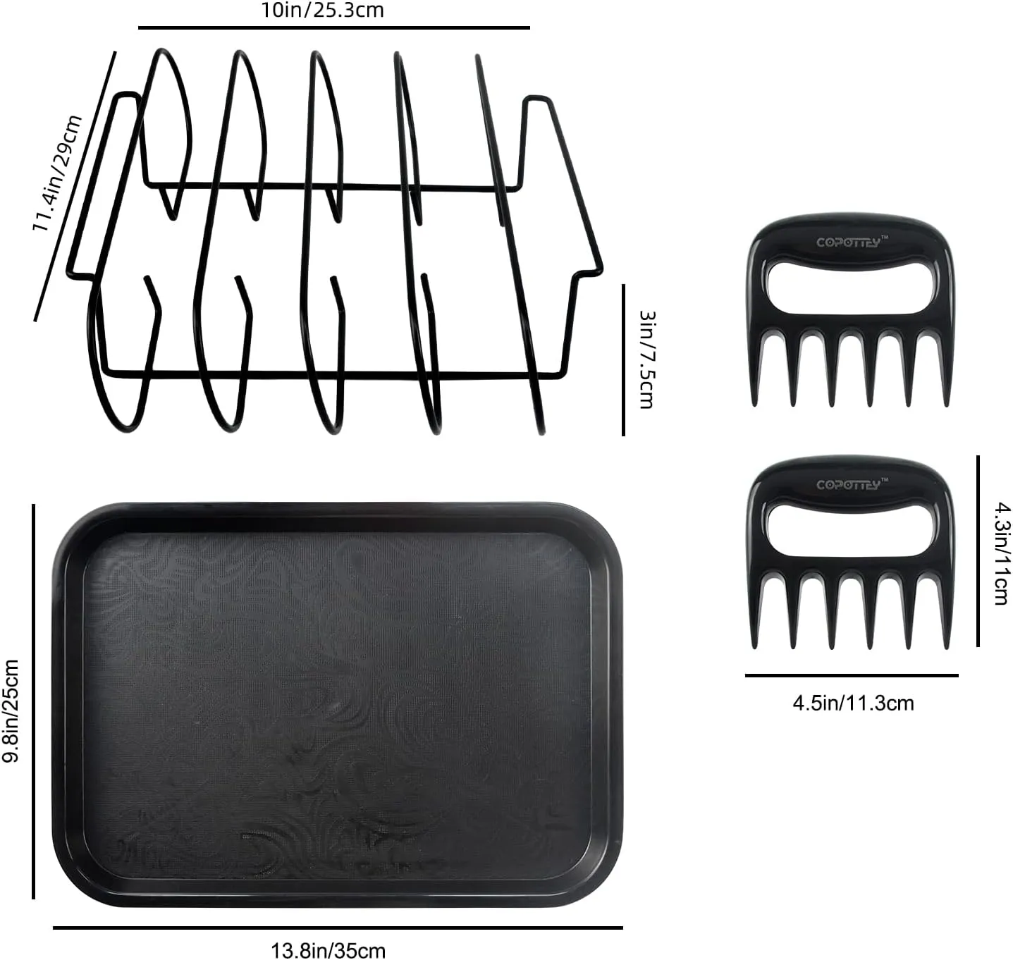 Rib Rack for Smoking, Black Non-Stick Coated Steel 11 in Rib Rack with 2 Meat Shredder Claws, Black PP Tray, Perfect for Grilling, Smoking, BBQ Accessories and Outdoor BBQ Set
