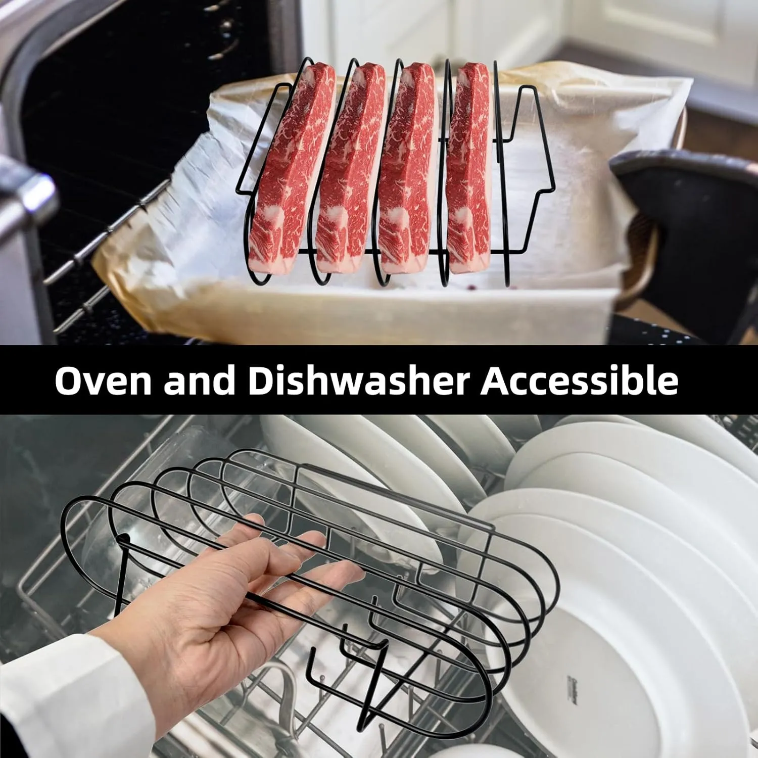 Rib Rack for Smoking, Black Non-Stick Coated Steel 11 in Rib Rack with 2 Meat Shredder Claws, Black PP Tray, Perfect for Grilling, Smoking, BBQ Accessories and Outdoor BBQ Set
