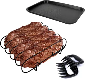 Rib Rack for Smoking, Black Non-Stick Coated Steel 11 in Rib Rack with 2 Meat Shredder Claws, Black PP Tray, Perfect for Grilling, Smoking, BBQ Accessories and Outdoor BBQ Set