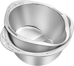 Rice Washing Bowls Set of 2, Rice Rinser Strainer, 4-in-1 Stainless Steel Colander, Versatile Colanders & Strainers for Washing Vegetables, Fruits, Beans & Pasta