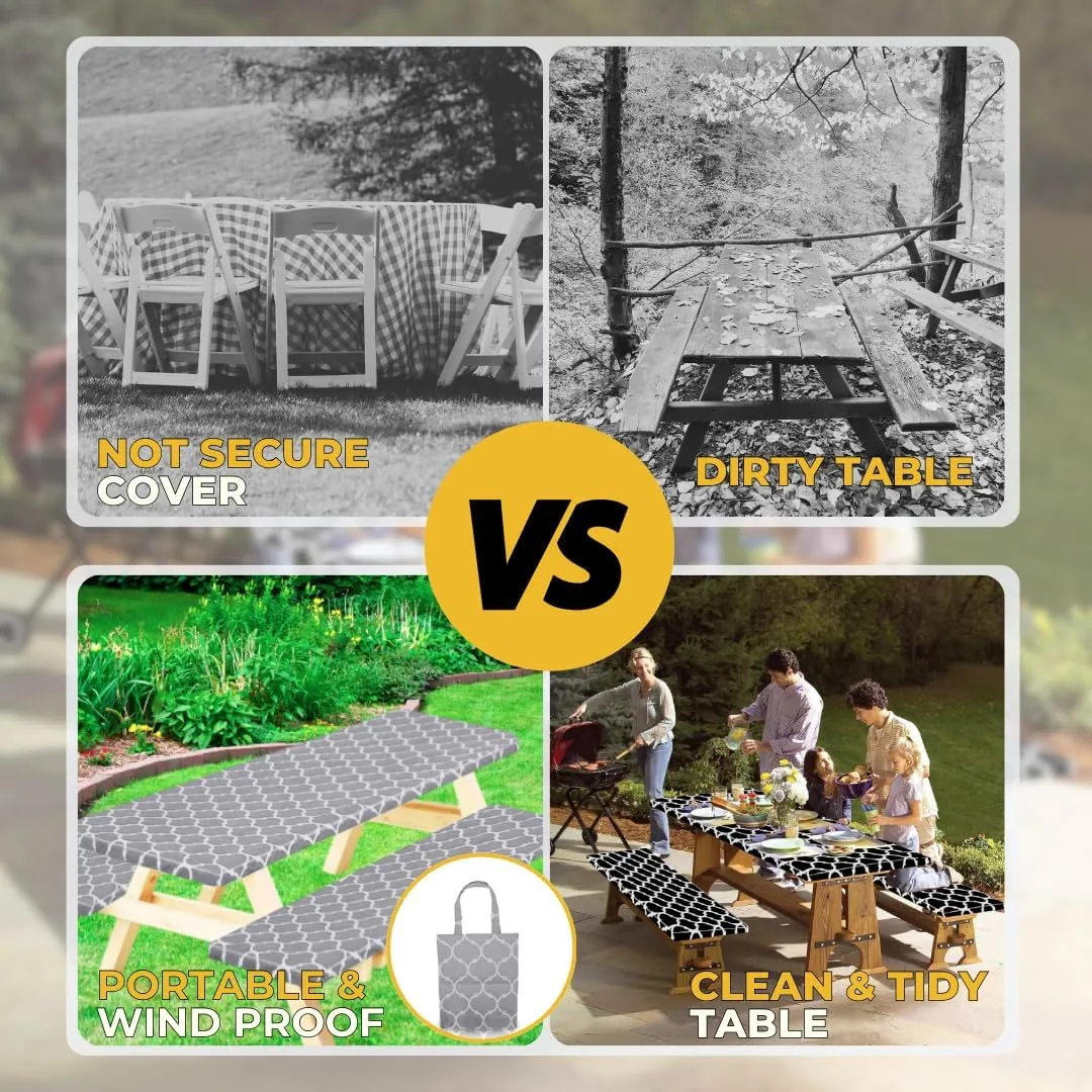 RNOONY Vinyl Fitted Picnic Table Cover with Bench Covers and Bag,8ft Outdoor Waterproof Picnic Tablecloth with Elastic Edges, 96x30 Inches 3 Pcs Set (Gray Moroccan)