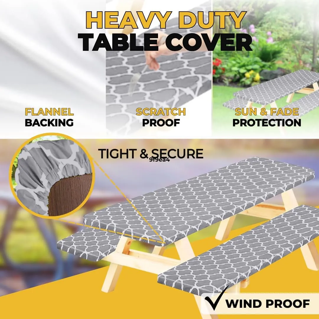 RNOONY Vinyl Fitted Picnic Table Cover with Bench Covers and Bag,8ft Outdoor Waterproof Picnic Tablecloth with Elastic Edges, 96x30 Inches 3 Pcs Set (Gray Moroccan)