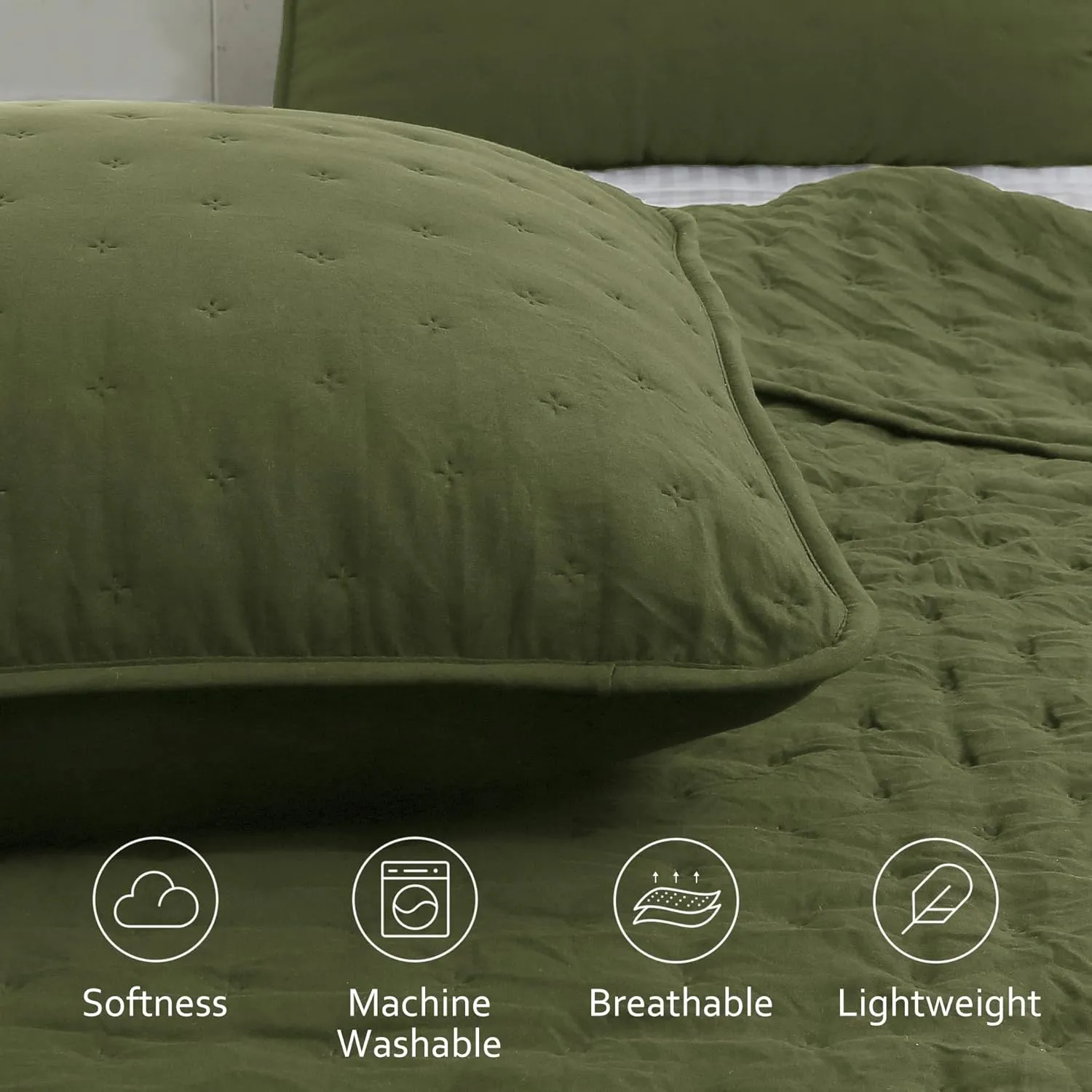 ROARINGWILD Green Twin Size Quilt Bedding Sets with Pillow Sham, Olive Lightweight Soft Bedspread Coverlet, Sage Quilted Blanket Thin Comforter Bed Cover, All Season, 2 Pieces, 68x90 inches
