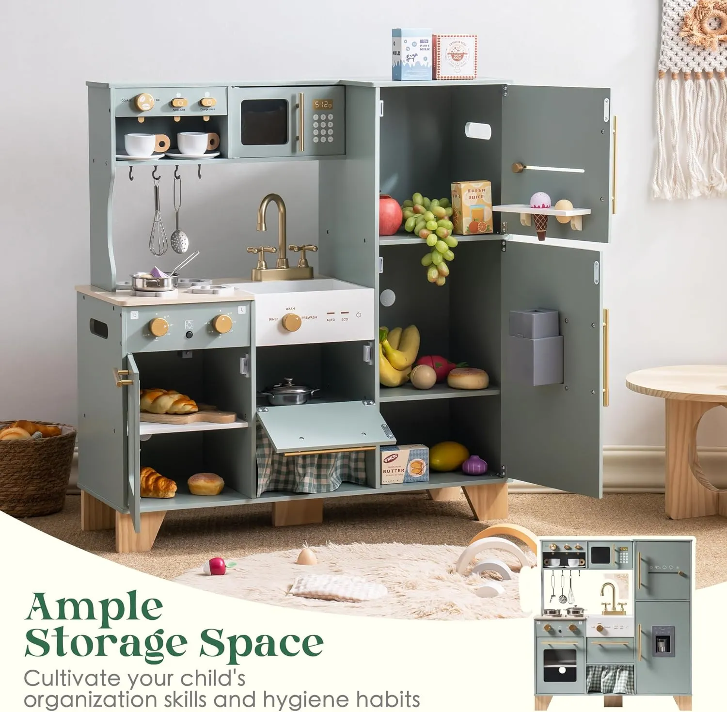 ROBUD Play Kitchen Set, Wooden Play Kitchen with Ice Maker, Fridge, Coffee Machine, Oven, Dishwasher, Microwave, Kitchen Accessories, Toy Kitchen Gift for Boys Girls, 3 