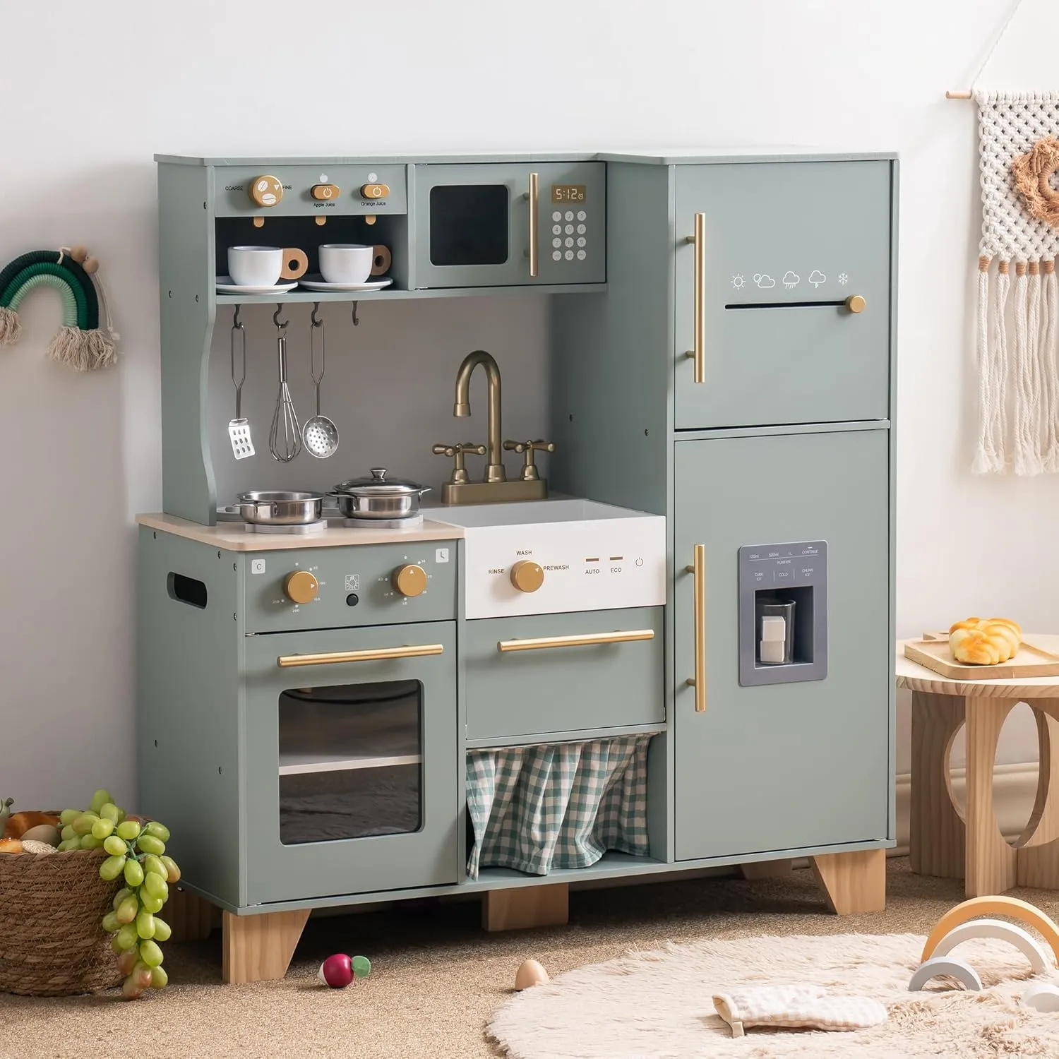 ROBUD Play Kitchen Set, Wooden Play Kitchen with Ice Maker, Fridge, Coffee Machine, Oven, Dishwasher, Microwave, Kitchen Accessories, Toy Kitchen Gift for Boys Girls, 3 
