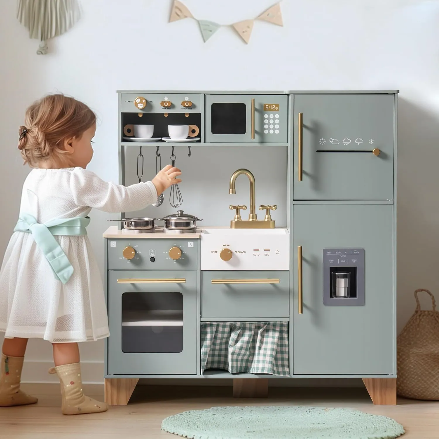 ROBUD Play Kitchen Set, Wooden Play Kitchen with Ice Maker, Fridge, Coffee Machine, Oven, Dishwasher, Microwave, Kitchen Accessories, Toy Kitchen Gift for Boys Girls, 3 