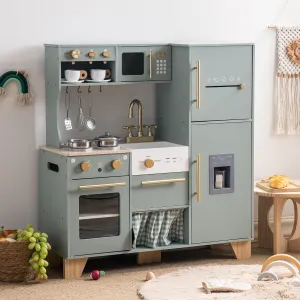 ROBUD Play Kitchen Set, Wooden Play Kitchen with Ice Maker, Fridge, Coffee Machine, Oven, Dishwasher, Microwave, Kitchen Accessories, Toy Kitchen Gift for Boys Girls, 3 