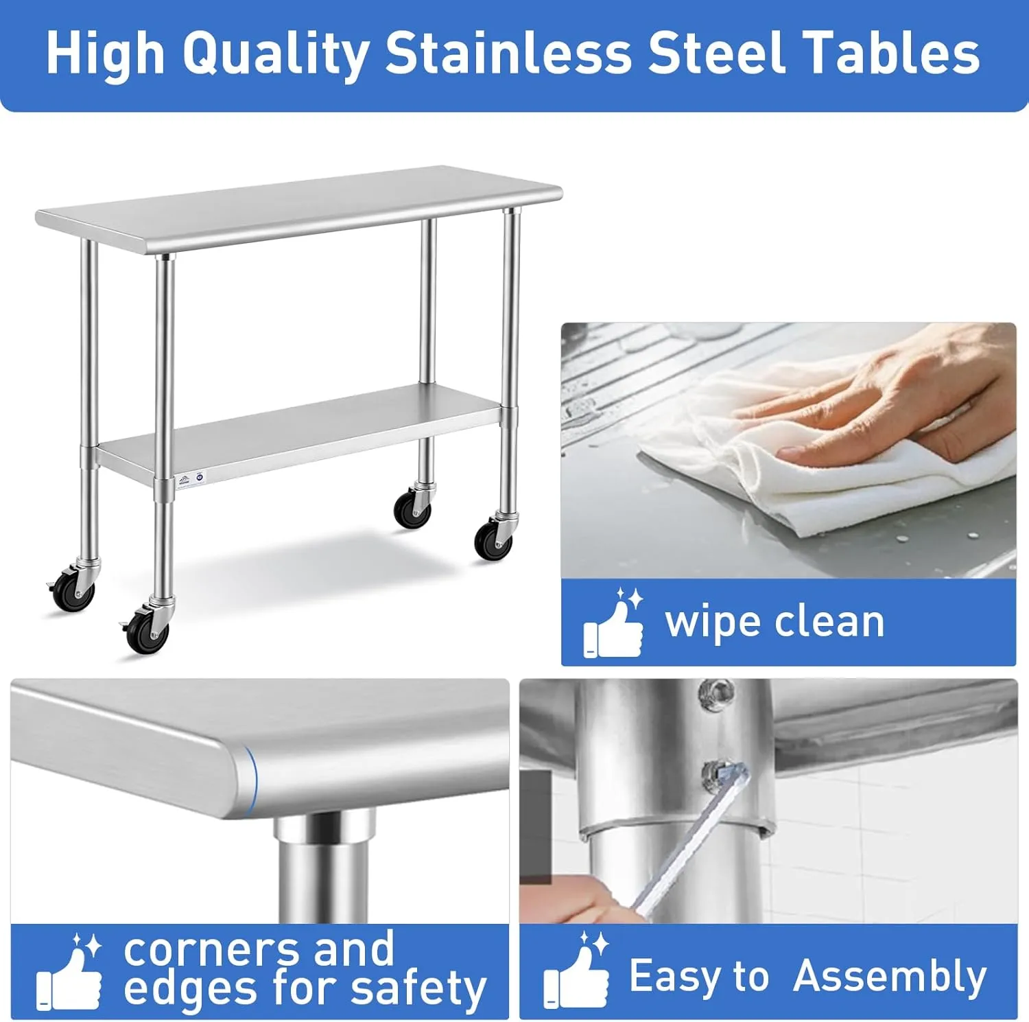 ROCKPOINT Stainless Steel Table for Prep & Work with Caster Wheels 24x36 Inches, NSF Metal Commercial Kitchen Heavy Duty Table with Adjustable Under Shelf and Table Foot for Restaurant, Home and Hotel