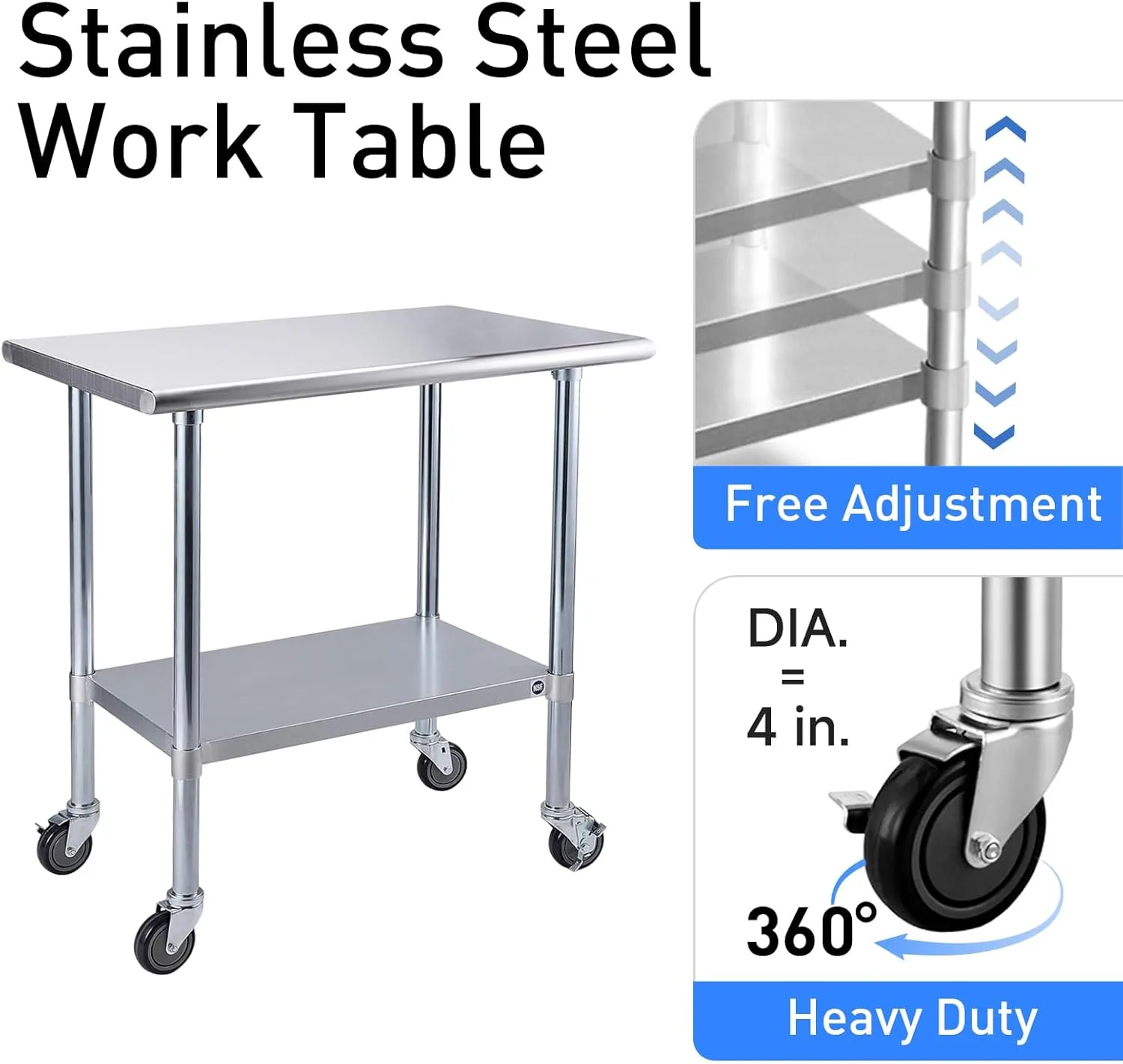 ROCKPOINT Stainless Steel Table for Prep & Work with Caster Wheels 24x36 Inches, NSF Metal Commercial Kitchen Heavy Duty Table with Adjustable Under Shelf and Table Foot for Restaurant, Home and Hotel