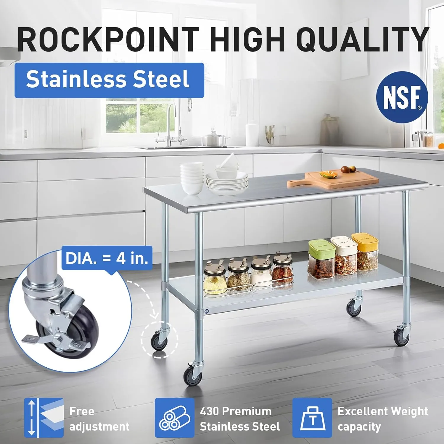 ROCKPOINT Stainless Steel Table for Prep & Work with Caster Wheels 24x36 Inches, NSF Metal Commercial Kitchen Heavy Duty Table with Adjustable Under Shelf and Table Foot for Restaurant, Home and Hotel