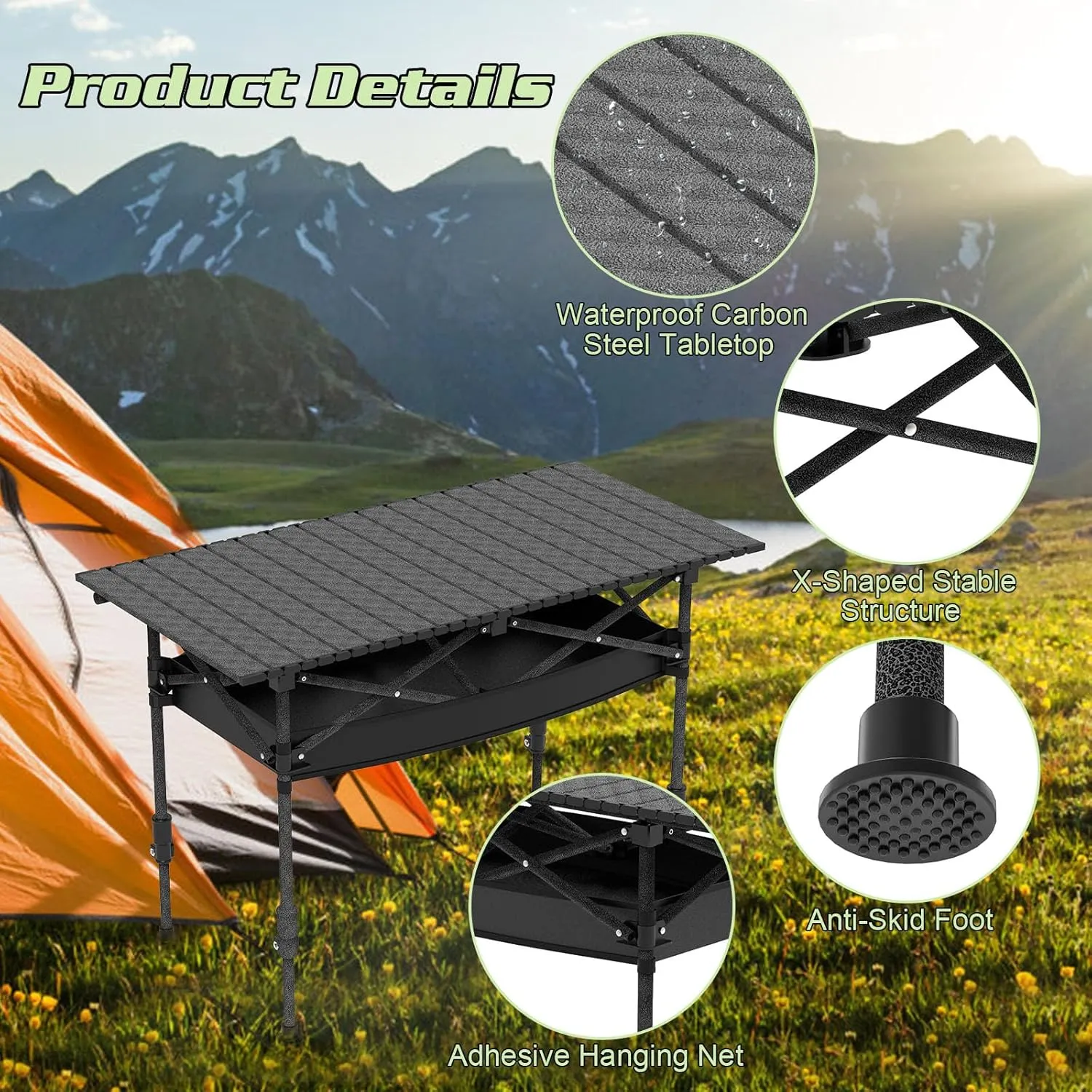 Roll-Up Camping Table, Adjustable Height Carbon Steel Camping Table, Foldable Camp Table for Picnic Camping Hiking Beach BBQ, 55LBS Max Load (Black, 95CM)
