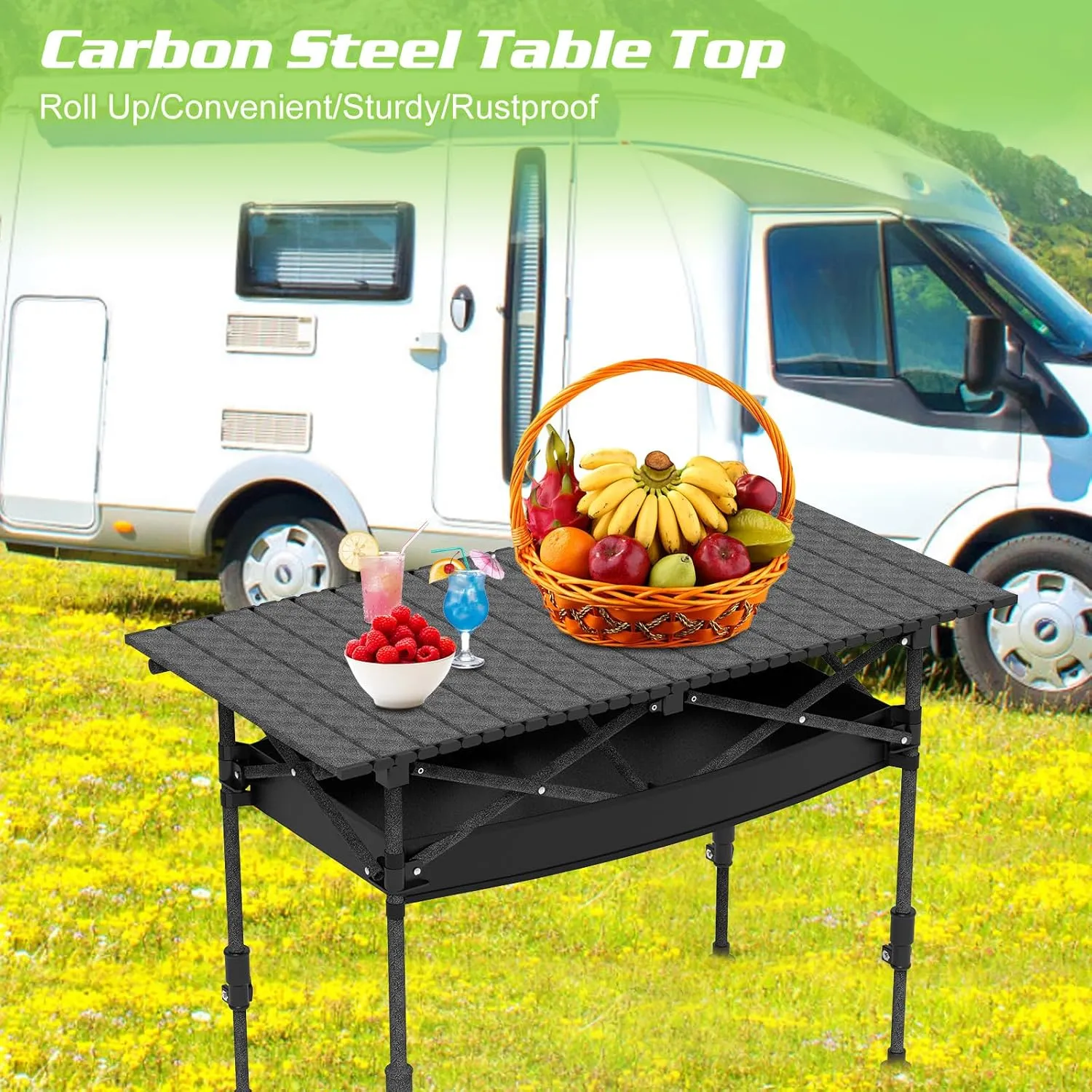 Roll-Up Camping Table, Adjustable Height Carbon Steel Camping Table, Foldable Camp Table for Picnic Camping Hiking Beach BBQ, 55LBS Max Load (Black, 95CM)