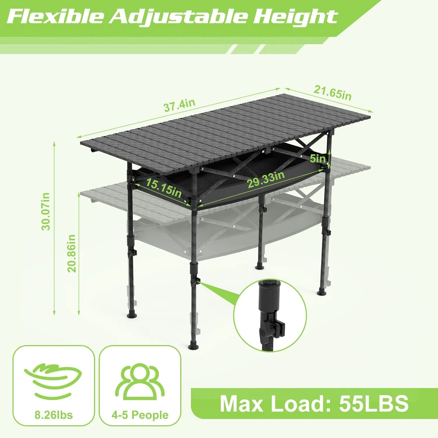 Roll-Up Camping Table, Adjustable Height Carbon Steel Camping Table, Foldable Camp Table for Picnic Camping Hiking Beach BBQ, 55LBS Max Load (Black, 95CM)