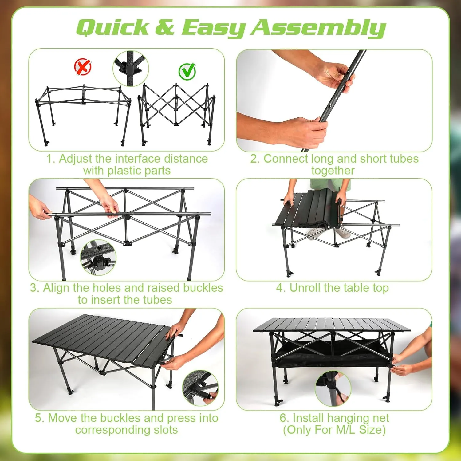 Roll-Up Camping Table, Adjustable Height Carbon Steel Camping Table, Foldable Camp Table for Picnic Camping Hiking Beach BBQ, 55LBS Max Load (Black, 95CM)