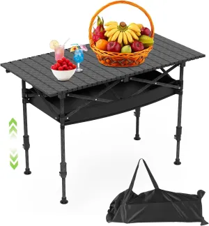 Roll-Up Camping Table, Adjustable Height Carbon Steel Camping Table, Foldable Camp Table for Picnic Camping Hiking Beach BBQ, 55LBS Max Load (Black, 95CM)