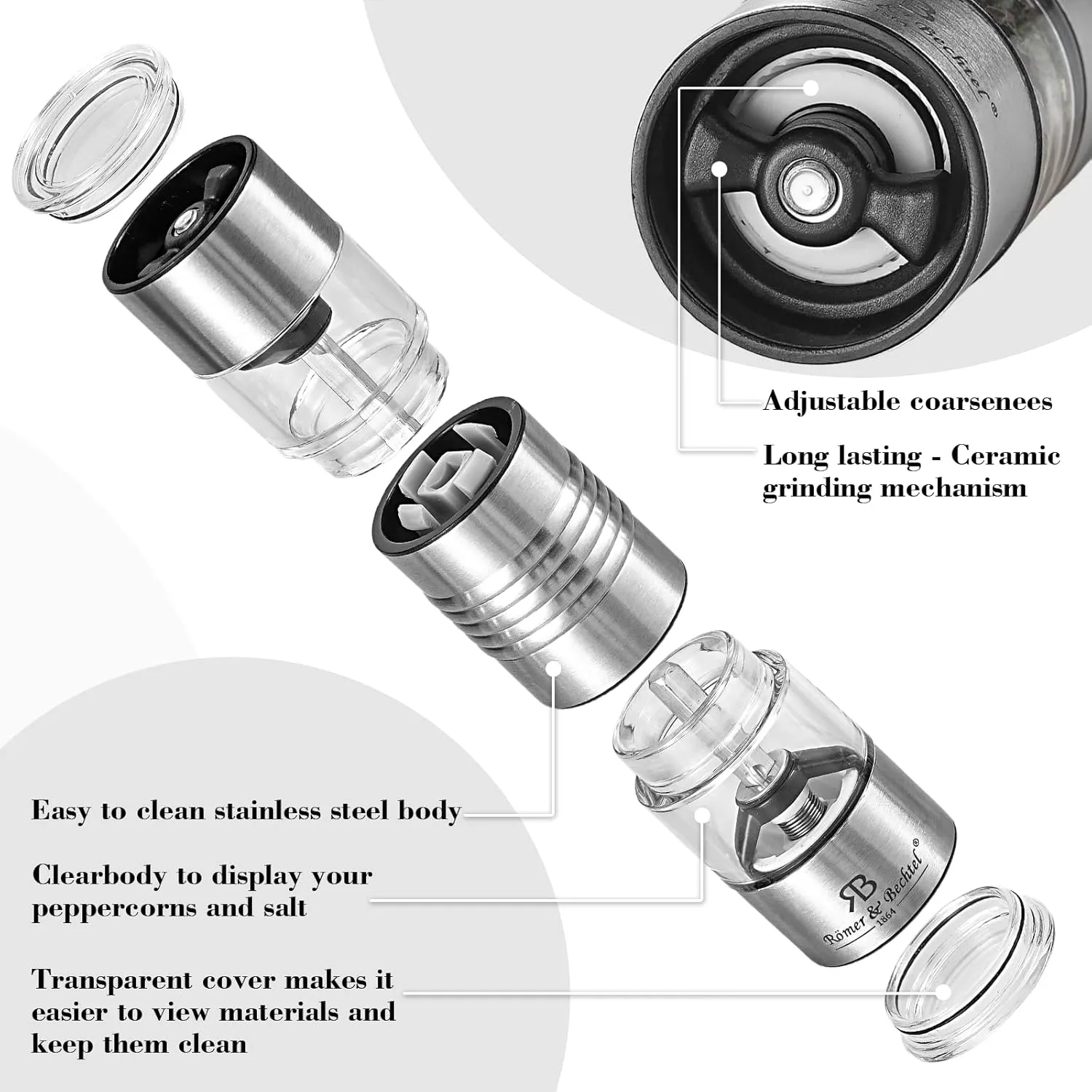 ROMER & BECHTEL 2-In-1 Salt And Pepper Grinder Set, Travel Salt And Pepper Shakers Mini, Small Salt And Pepper Grinder Refillable Mill With Adjustable & Ceramic Rotor