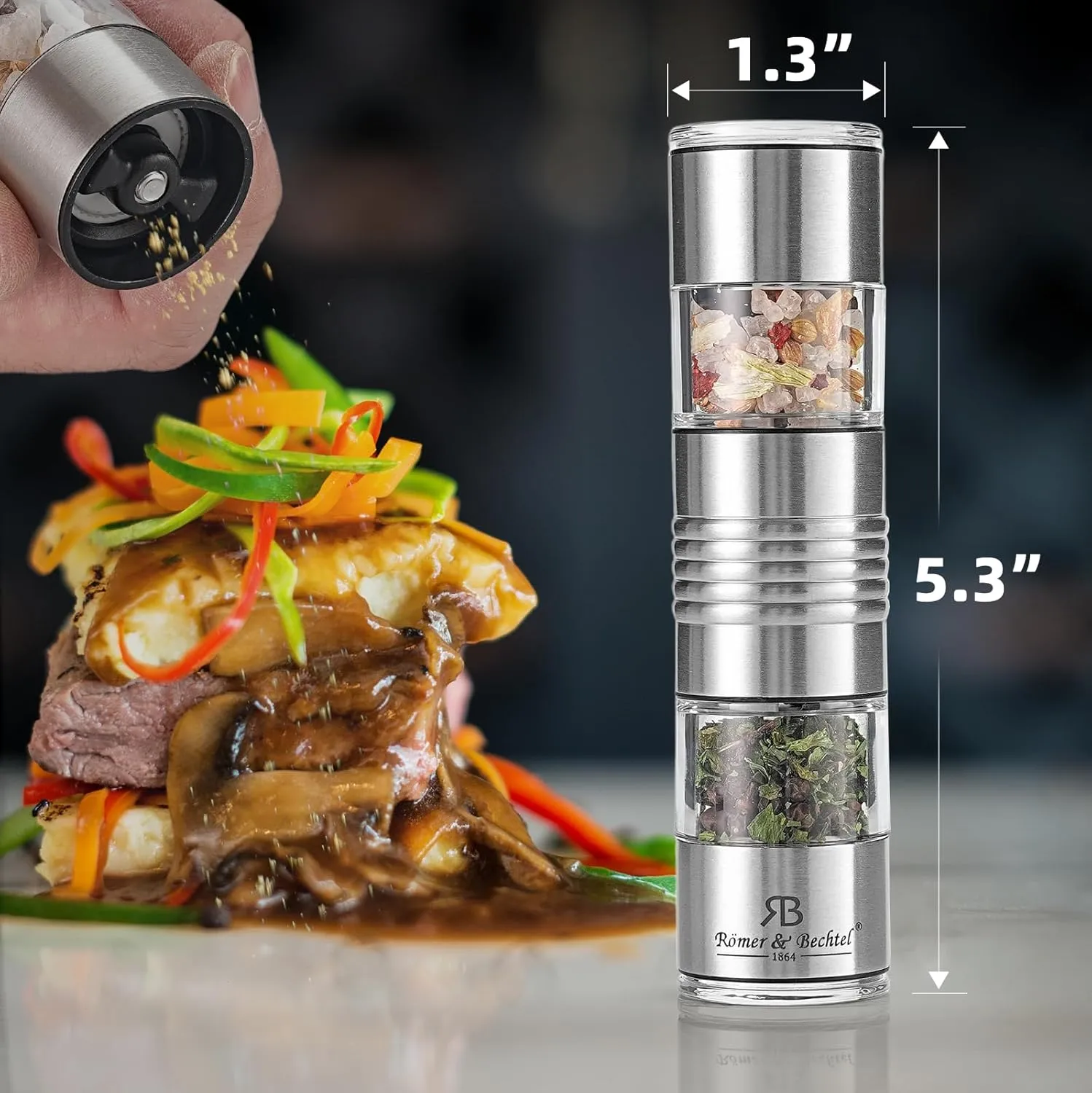 ROMER & BECHTEL 2-In-1 Salt And Pepper Grinder Set, Travel Salt And Pepper Shakers Mini, Small Salt And Pepper Grinder Refillable Mill With Adjustable & Ceramic Rotor