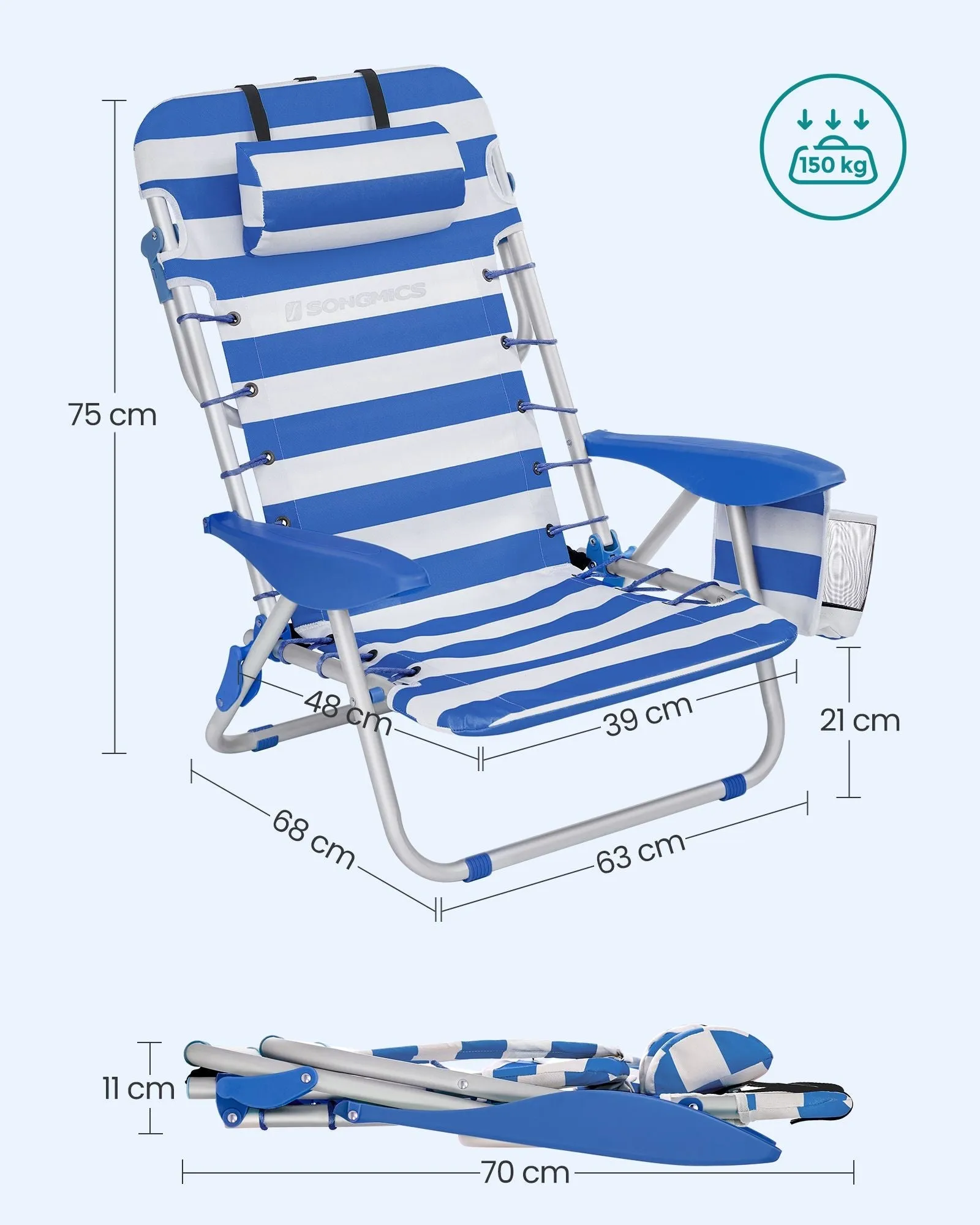 Rootz Aluminum Camping Chair Set - Blue-White - Oxford Fabric - Lightweight Foldable Chairs - 68cm x 63cm x 75cm