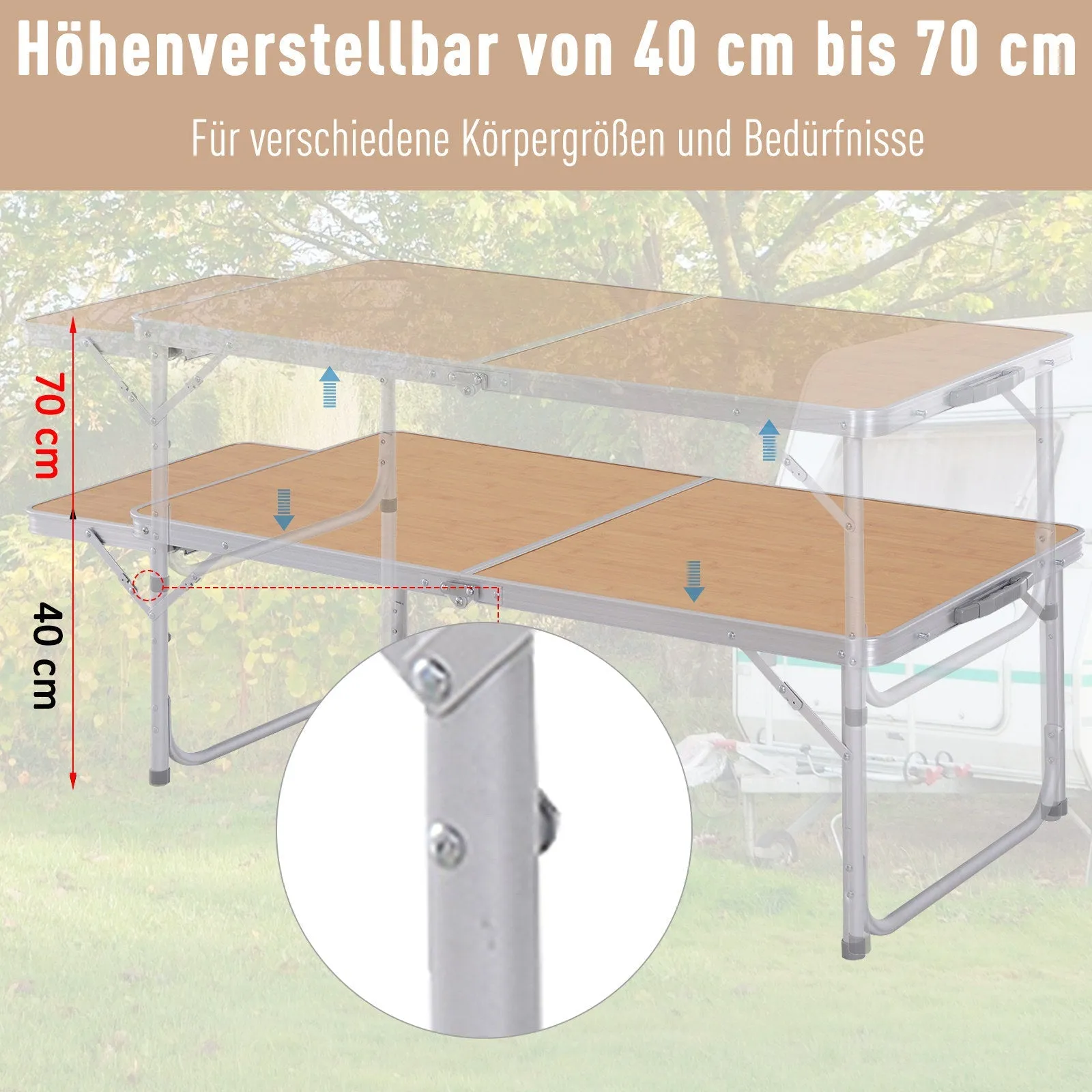 Rootz Camping Table - Folding Table - Picnic Table - Height Adjustable - Aluminum Build - 120x60x40/70cm