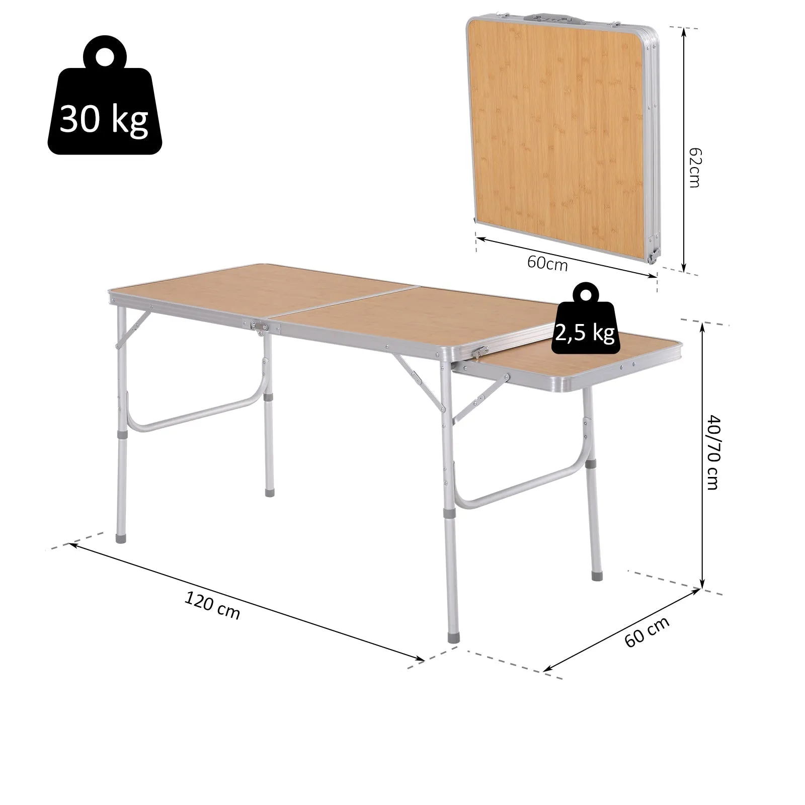 Rootz Camping Table - Folding Table - Picnic Table - Height Adjustable - Aluminum Build - 120x60x40/70cm