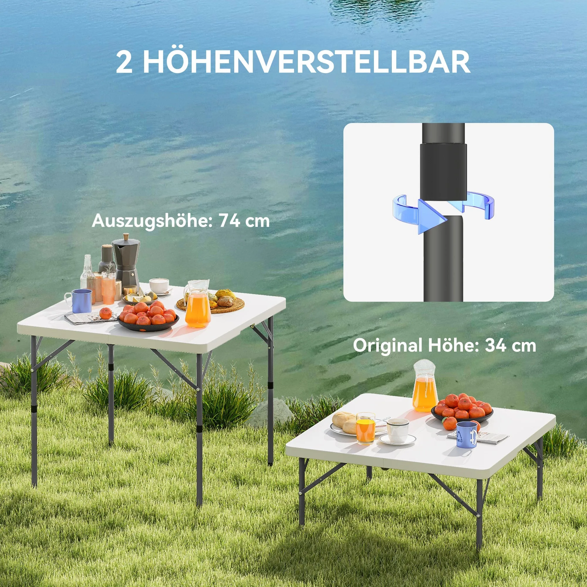 Rootz Foldable Picnic Table - Camping Table - Adjustable Height Table - Easy Transport - 86 x 86 x 74 cm