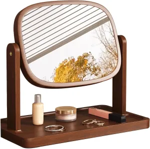 Rotating Rounded-Corner Makeup Mirror, 360° Adjustable Dressing Table Mirror, Desktop Shaving Mirror, Solid Wood Frame with Storage Base