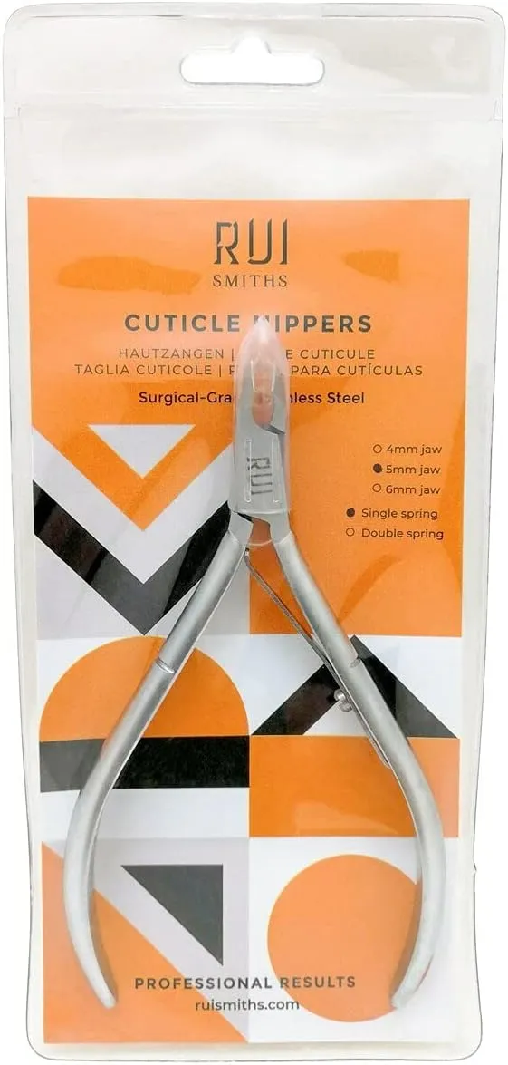 Rui Smiths Ultra-Premium Stainless Steel Cuticle Nippers - Professional Stainless Steel Cuticle Cutters - Spanish Handle, Rounded Box Joint, Matte Chrome Plated - 4mm Jaw, Single Spring