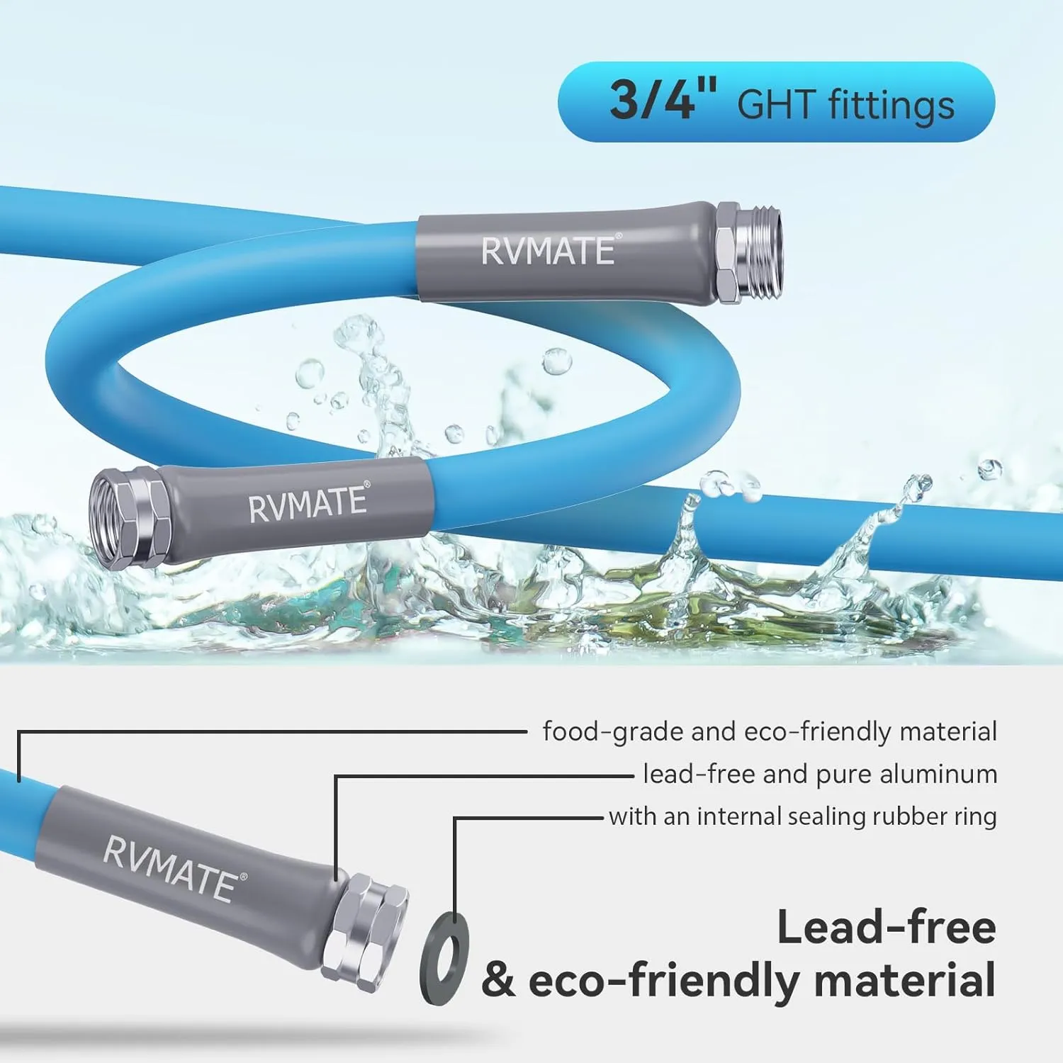 RVMATE RV Water Hose 50FT, 5/8” Inner Diameter Drinking Water Hose Lead-free, No Leaking Garden Hose For RV/Trailer/Camping, RV Accessories