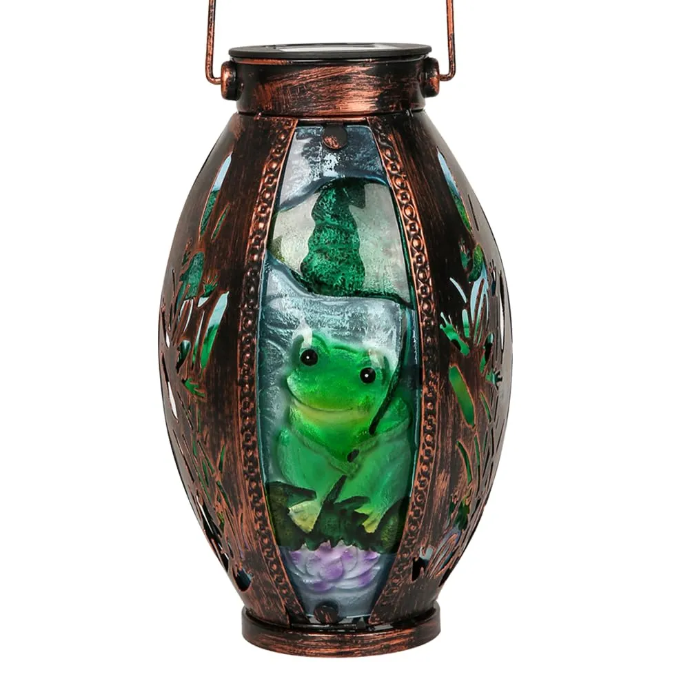 Rynx | Ouisjyer Solar Lanterns Outdoor, Frog And Lotus Leaf Solar Powered Led Glass Lamps Waterproof Stained Glass Metal Solar Lantern With Carving Design For Garden Table Patio Garden (5.31" * 13.94")