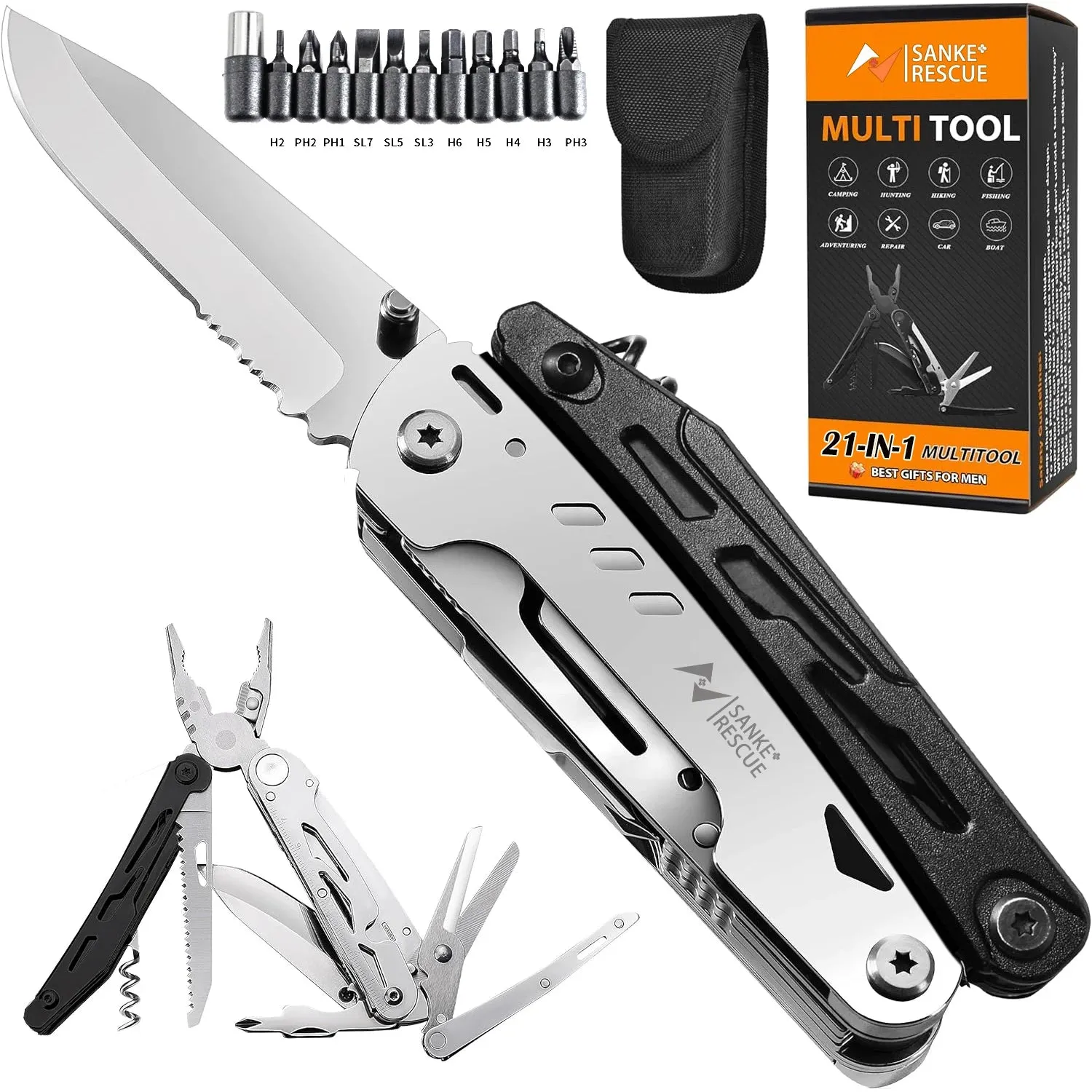SANKE RESCUE Stainless Steel Folding Multi-Tool – 21-in-1 Camping & Survival Gear