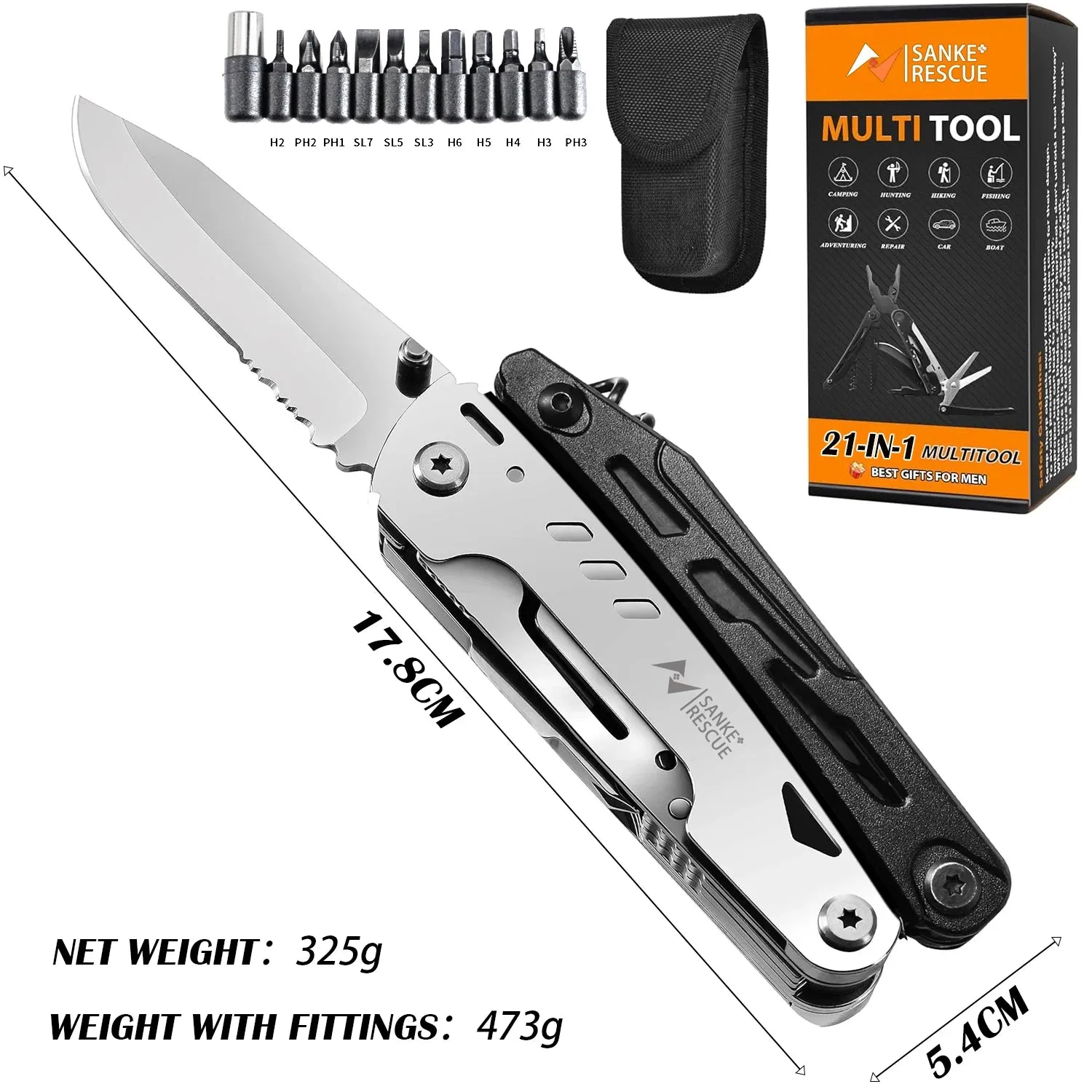 SANKE RESCUE Stainless Steel Folding Multi-Tool – 21-in-1 Camping & Survival Gear