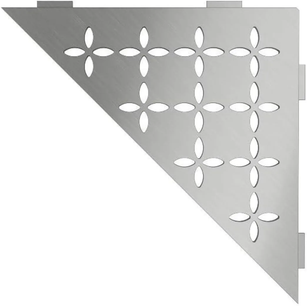 Schluter Triangular Corner Shelf for Tiled Walls - Floral Design, Stainless Steel Material, Brushed Stainless Steel Finish, 3/32” Thick Anchoring Tabs - SES1D5EB