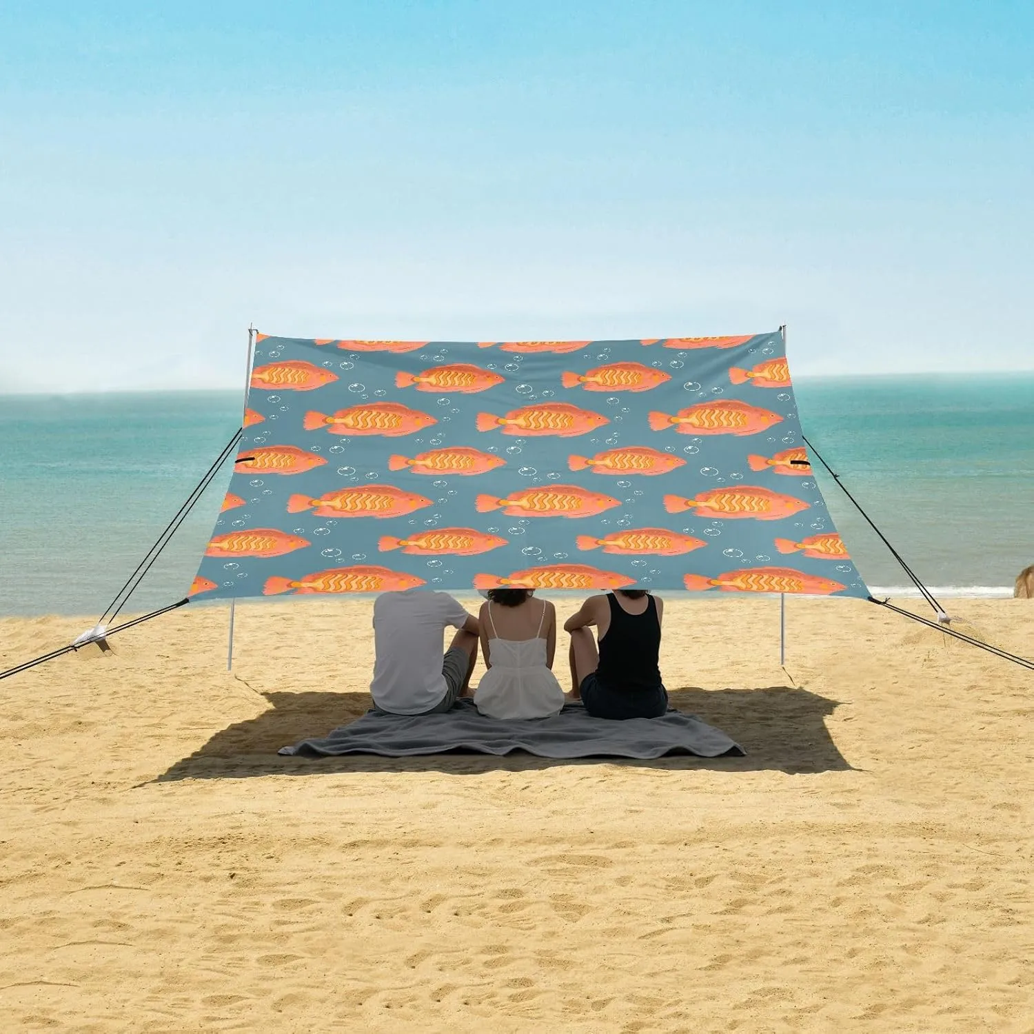Sea Fish Bubbles Water Beach Canopy Tent Anti-UV & Wind Resistant, Camping Sun Shelter Easy Setup Portable,Outdoor Shade Tents with Sandbags,Sand Shovels,Ground Pegs & Stability Poles