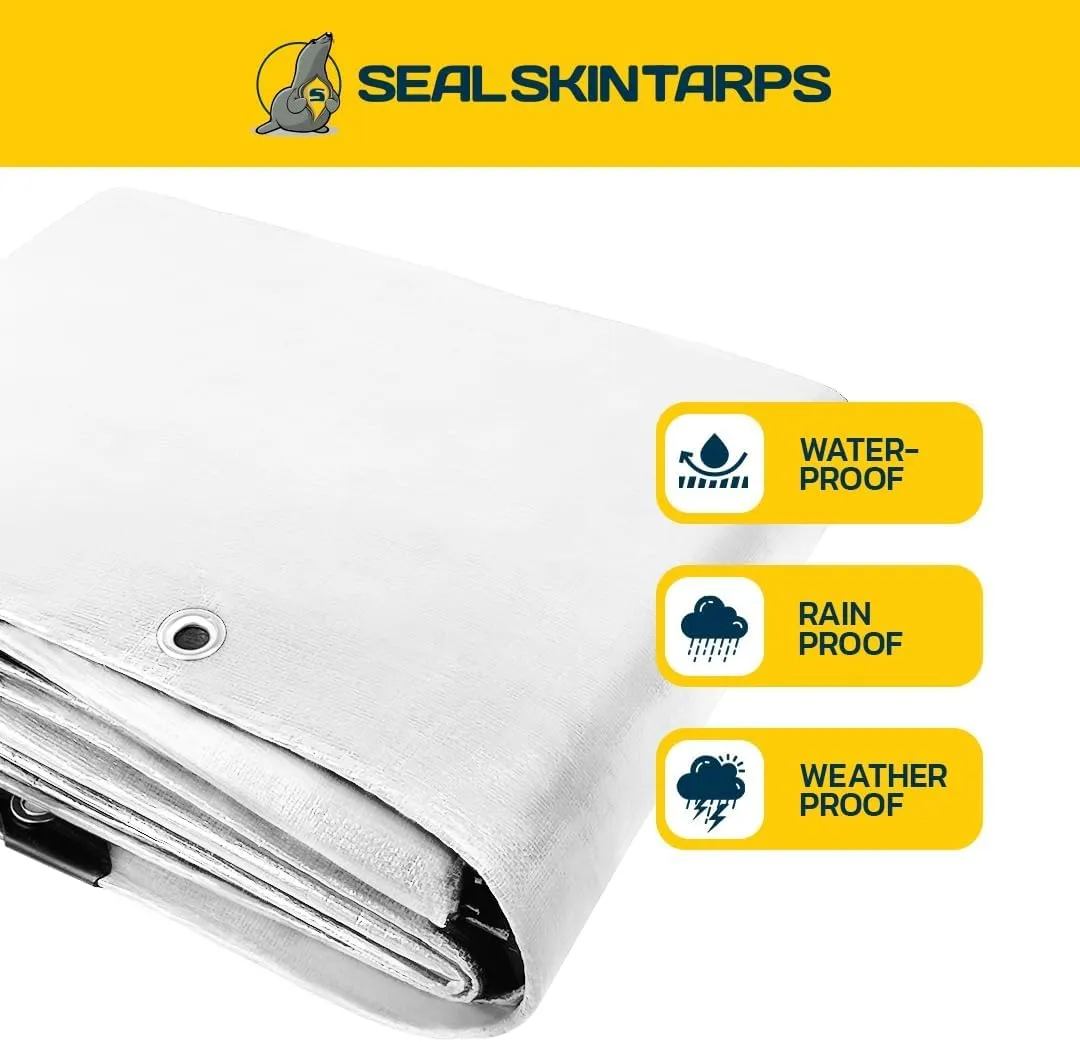 Seal Skin Covers Heavy Duty Waterproof Tarp 10x12 FT, 12 Mil 8 OZ 120 GSM Thick White Poly Tarp with Rustproof Grommets, Tear-Proof Cover with Reinforced Edges for Camping, Pool, Canopy Use