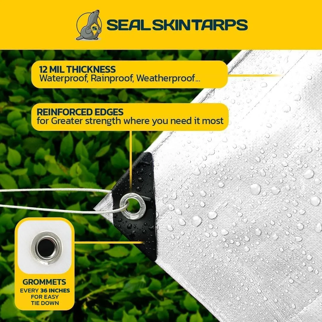 Seal Skin Covers Heavy Duty Waterproof Tarp 10x12 FT, 12 Mil 8 OZ 120 GSM Thick White Poly Tarp with Rustproof Grommets, Tear-Proof Cover with Reinforced Edges for Camping, Pool, Canopy Use