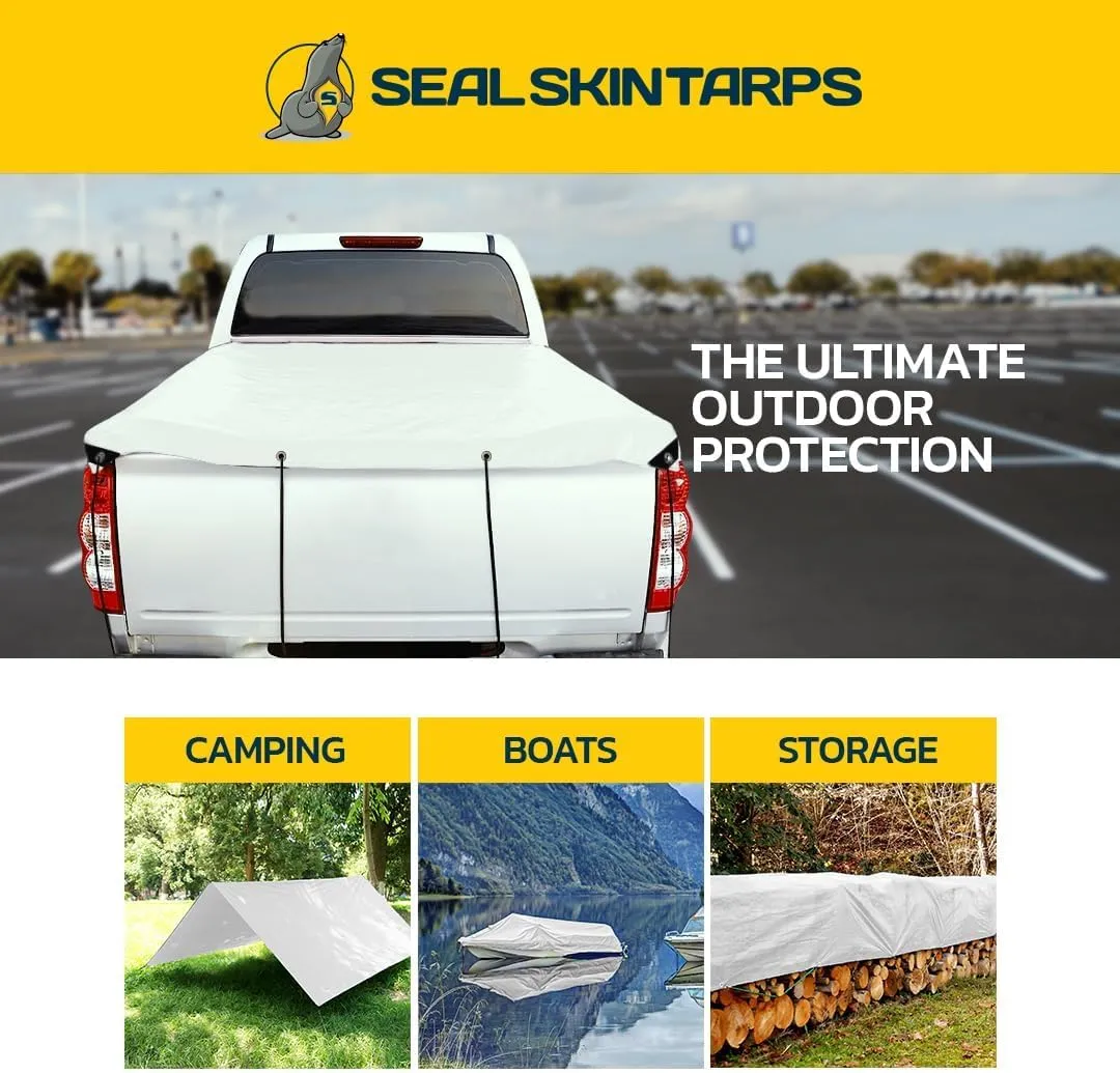 Seal Skin Covers Heavy Duty Waterproof Tarp 10x12 FT, 12 Mil 8 OZ 120 GSM Thick White Poly Tarp with Rustproof Grommets, Tear-Proof Cover with Reinforced Edges for Camping, Pool, Canopy Use