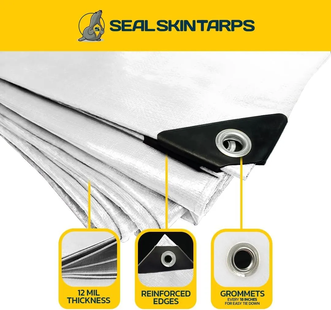 Seal Skin Covers Heavy Duty Waterproof Tarp 10x12 FT, 12 Mil 8 OZ 120 GSM Thick White Poly Tarp with Rustproof Grommets, Tear-Proof Cover with Reinforced Edges for Camping, Pool, Canopy Use