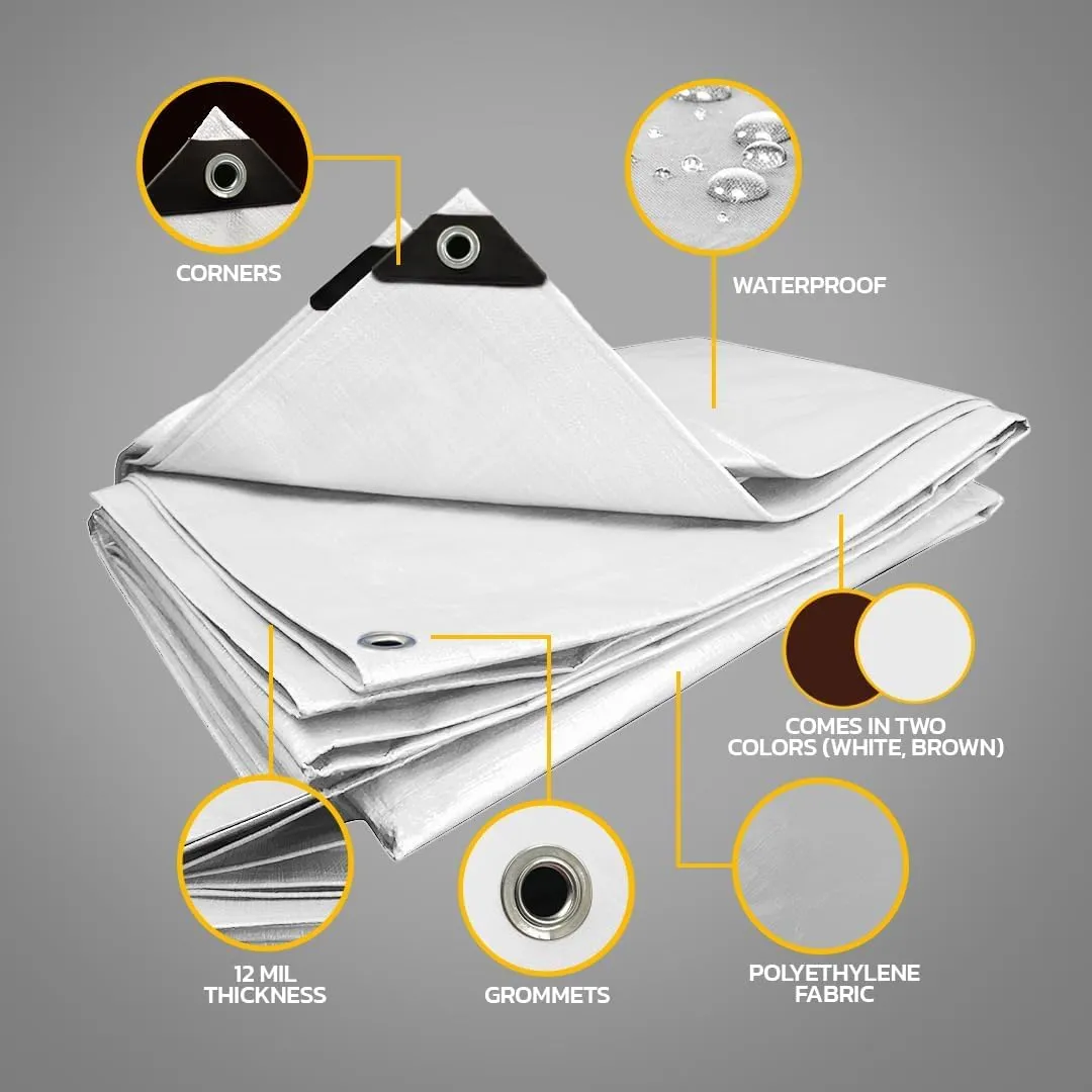 Seal Skin Covers Heavy Duty Waterproof Tarp 10x12 FT, 12 Mil 8 OZ 120 GSM Thick White Poly Tarp with Rustproof Grommets, Tear-Proof Cover with Reinforced Edges for Camping, Pool, Canopy Use