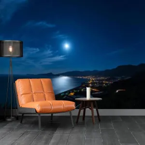 Seaside City Wall Mural, 3D Beach Night View Peel and Stick Self-Adhesive Wallpaper, Removable Sticker Home Decor TV Background Large Art Wall Painting 195"x 120"(W x H)