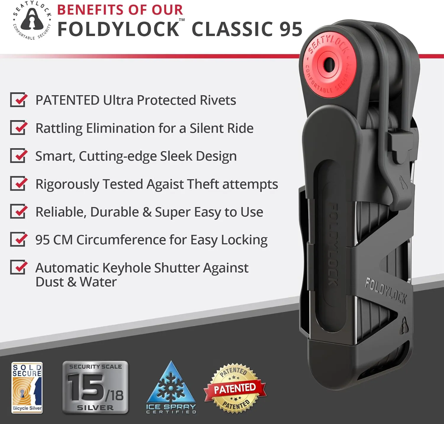 Seatylock FoldyLock Classic Folding Bike Lock - Patented High Security Sold Secure Silver Bicycle Lock - Heavy Duty Anti Theft Secure Guard with Keys & Case Mount - 37.4"
