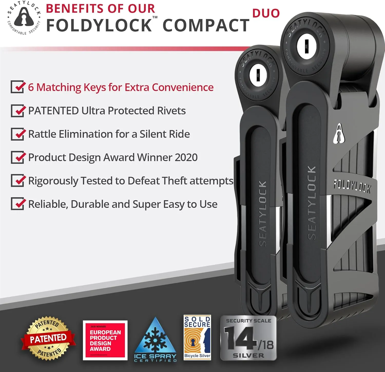Seatylock FoldyLock Compact Folding Bike Locks - Set of 2 Matching Bike Locks with 6 Identical Keys - Patented Lightweight Heavy Duty Anti Theft with Carrying Cases for Bicycles and E-Bikes