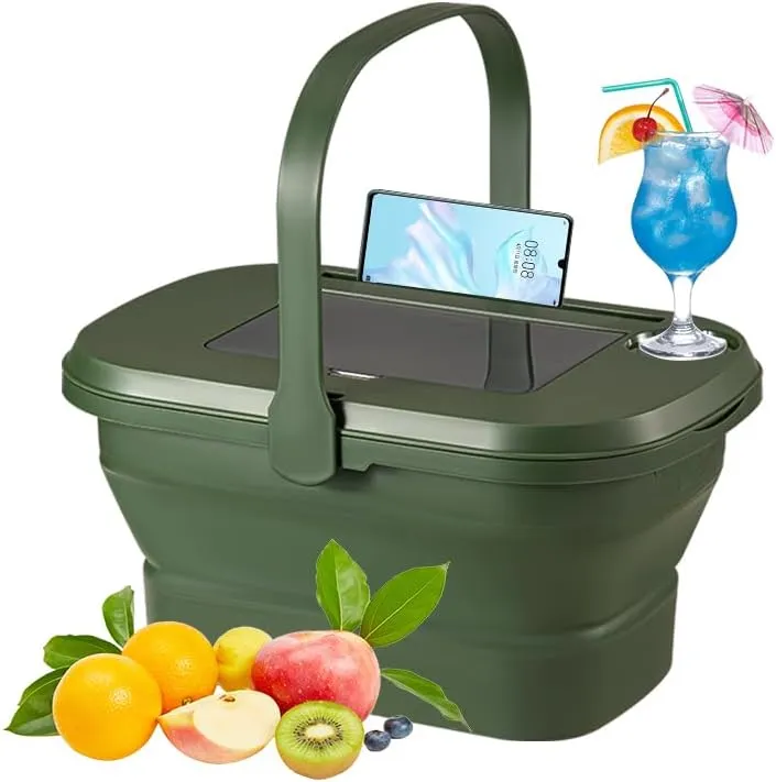 Seezengreen16L Collapsible Picnic Basket with Handles & Lid as Stand Up Table - Foldable, Lightweight, Water-Proof & Leak-Proof - 3-in-1 Bucket for Picnics, Camping, Travelling and Road Trips
