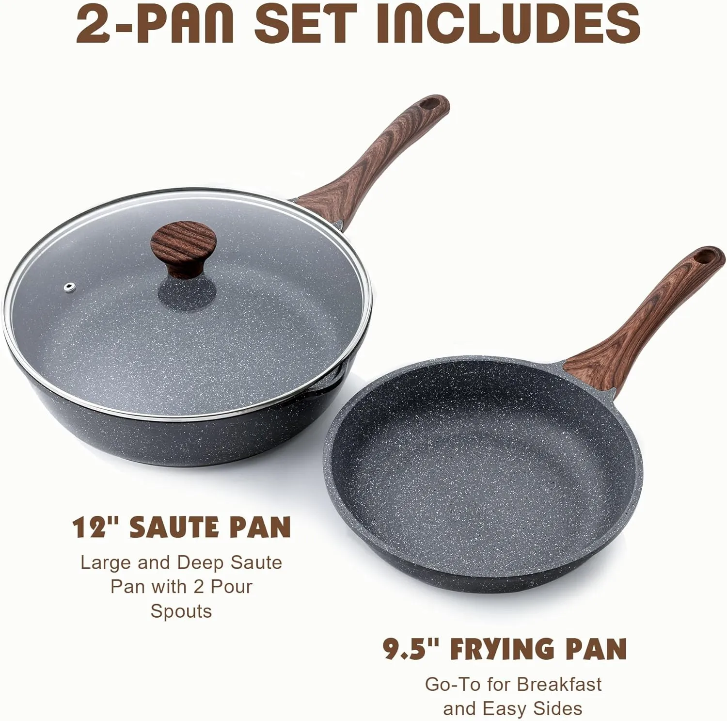 SENSARTE Nonstick Frying Pan Skillets, Swiss Granite Coating Omelette Pans, Healthy Cookware, PFOA Free(9.5 Inch Frying Pan and 5QT Saute Pan)