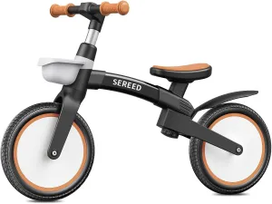 SEREED Toddler Balance Bike 2.5 Year Old, 12 Inch Adjustable Folding Kids Bike Toy with Basket, Birthday Gift for Age 3 4 5 Boys Girls, Tool-Free Assembly, No Pedal (Black)