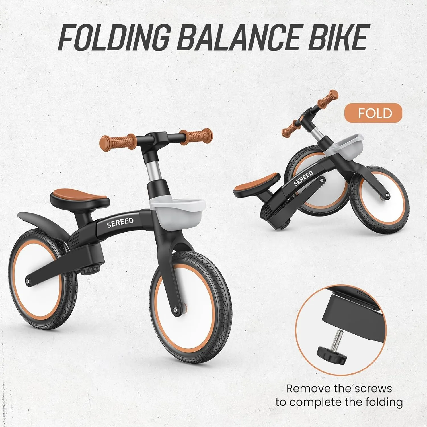 SEREED Toddler Balance Bike 2.5 Year Old, 12 Inch Adjustable Folding Kids Bike Toy with Basket, Birthday Gift for Age 3 4 5 Boys Girls, Tool-Free Assembly, No Pedal (Black)